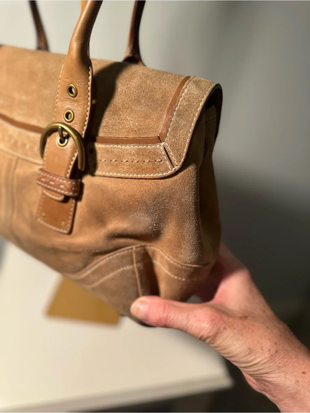 Vintage Coach Camel Suede SoHo Leather Satchel, No. 9674, Brass Hardware